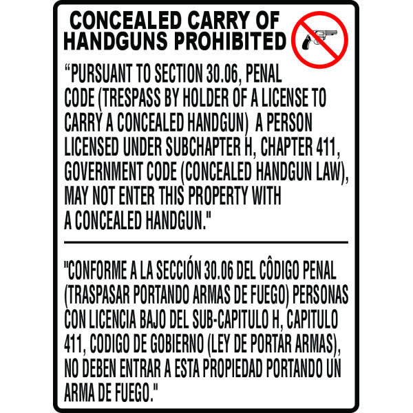 Texas Gun Law Sign 30.06 (Conceal Carry)