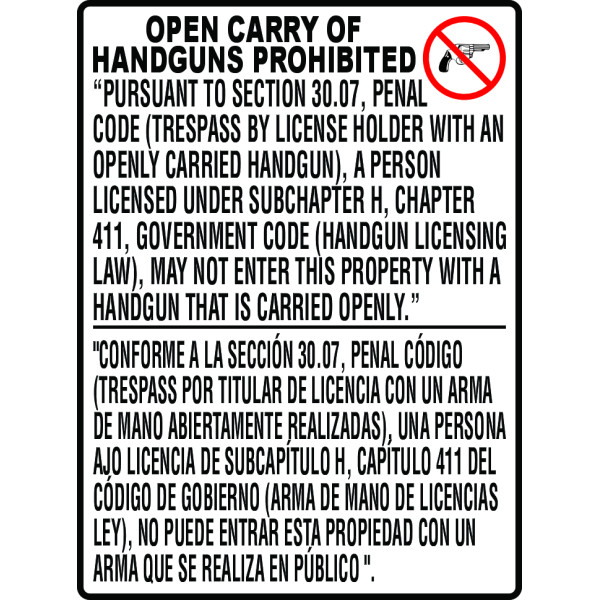 Texas Gun Law Sign 30.07 (Open Carry)